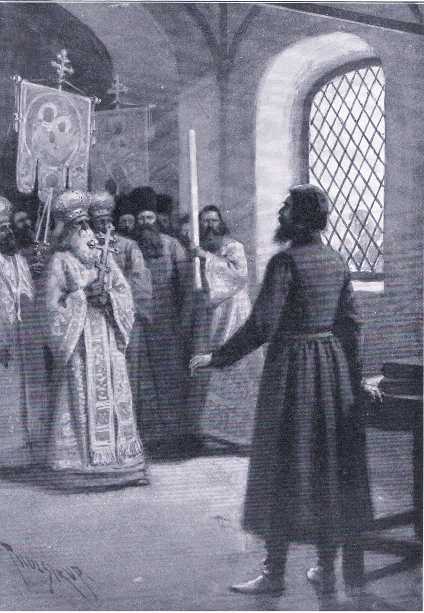 Boris Godunov in retraite in het klooster smeekte om zijn verkiezing tot tsaar te aanvaarden, illustratie uit Landmarks in European History gepubliceerd door Gresham Publishing Co, ca. 1920 (litho) door Thure de Thulstrup