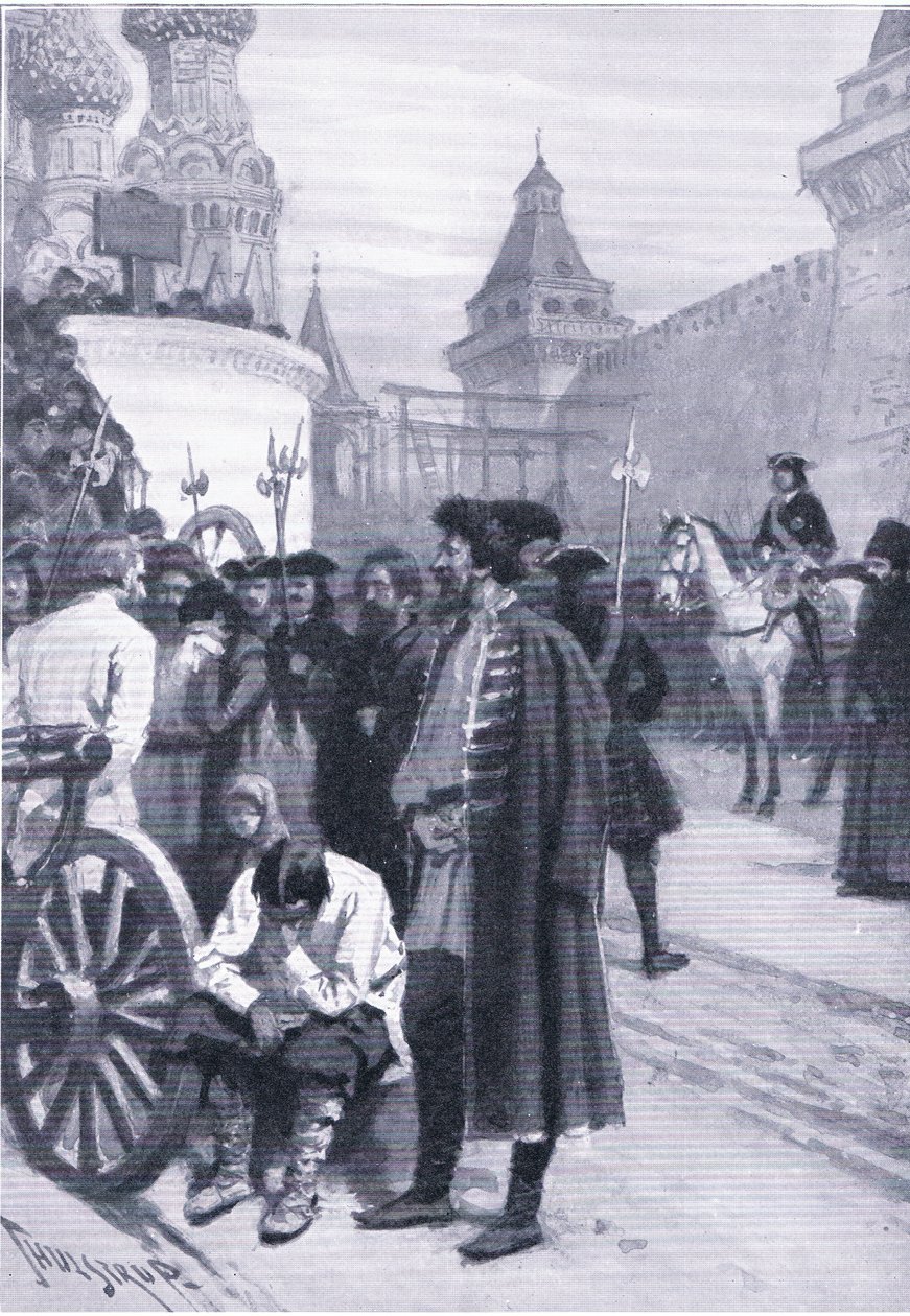 Executie van de Strelitz in opdracht van Peter de Grote, illustratie uit Landmarks in European History gepubliceerd door Gresham Publishing Co, ca. 1920 (litho) door Thure de Thulstrup