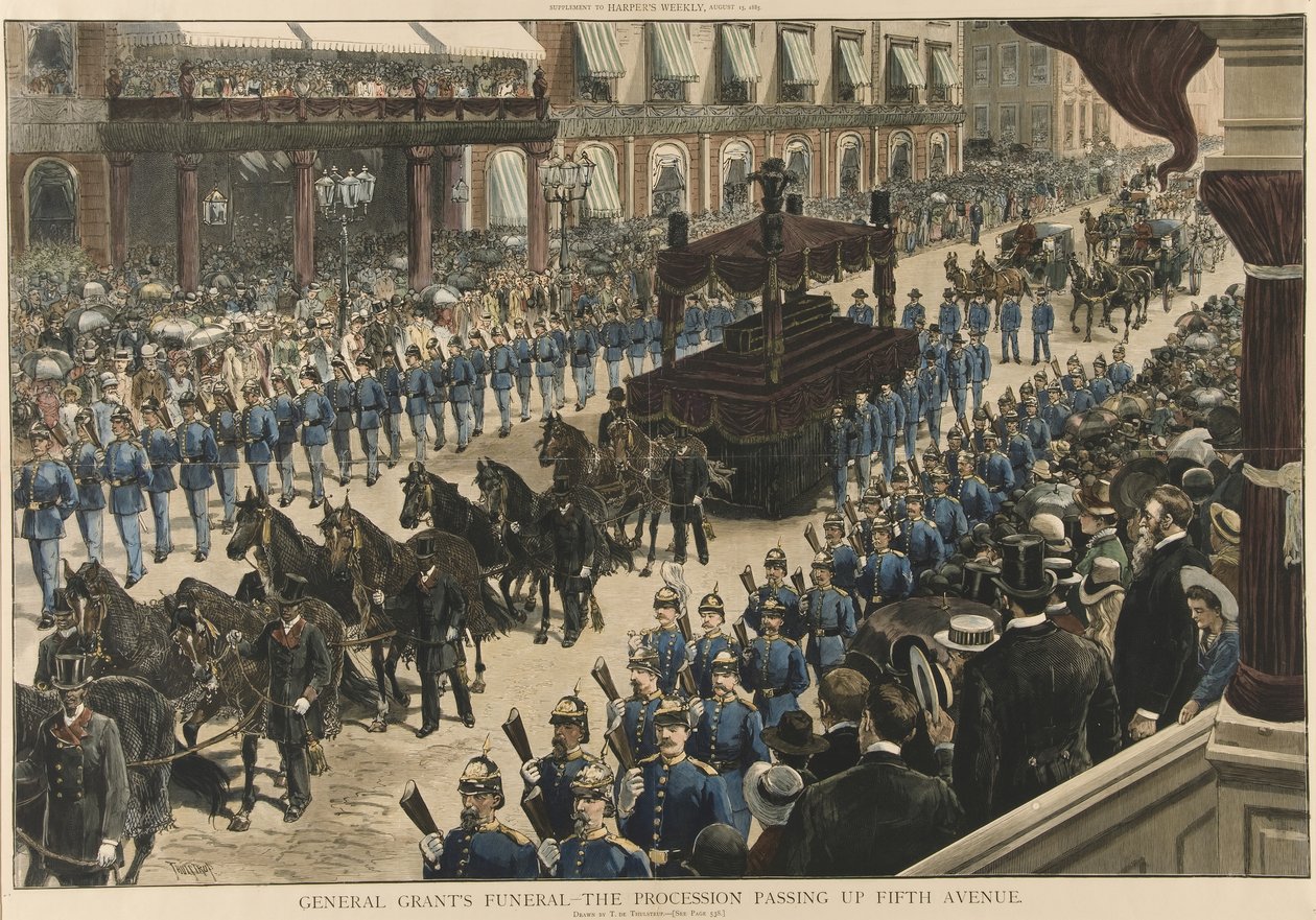 Begrafenis van generaal Grant - De processie trekt over Fifth Avenue, uit Harpers Weekly, uitgegeven 1885 door Thure de Thulstrup