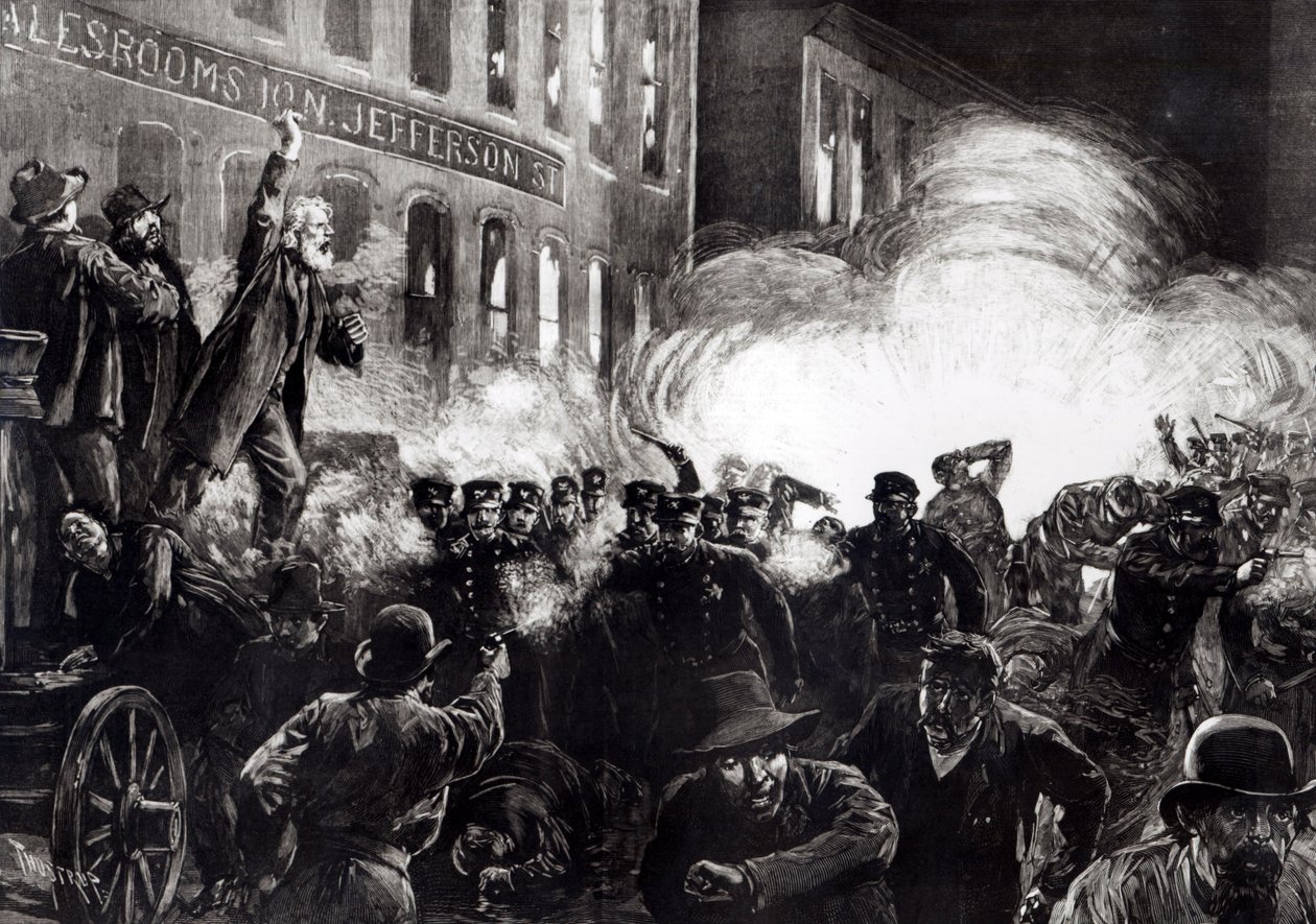 De anarchistische rel in Chicago: een dynamietbom ontploft onder de politie, uit 