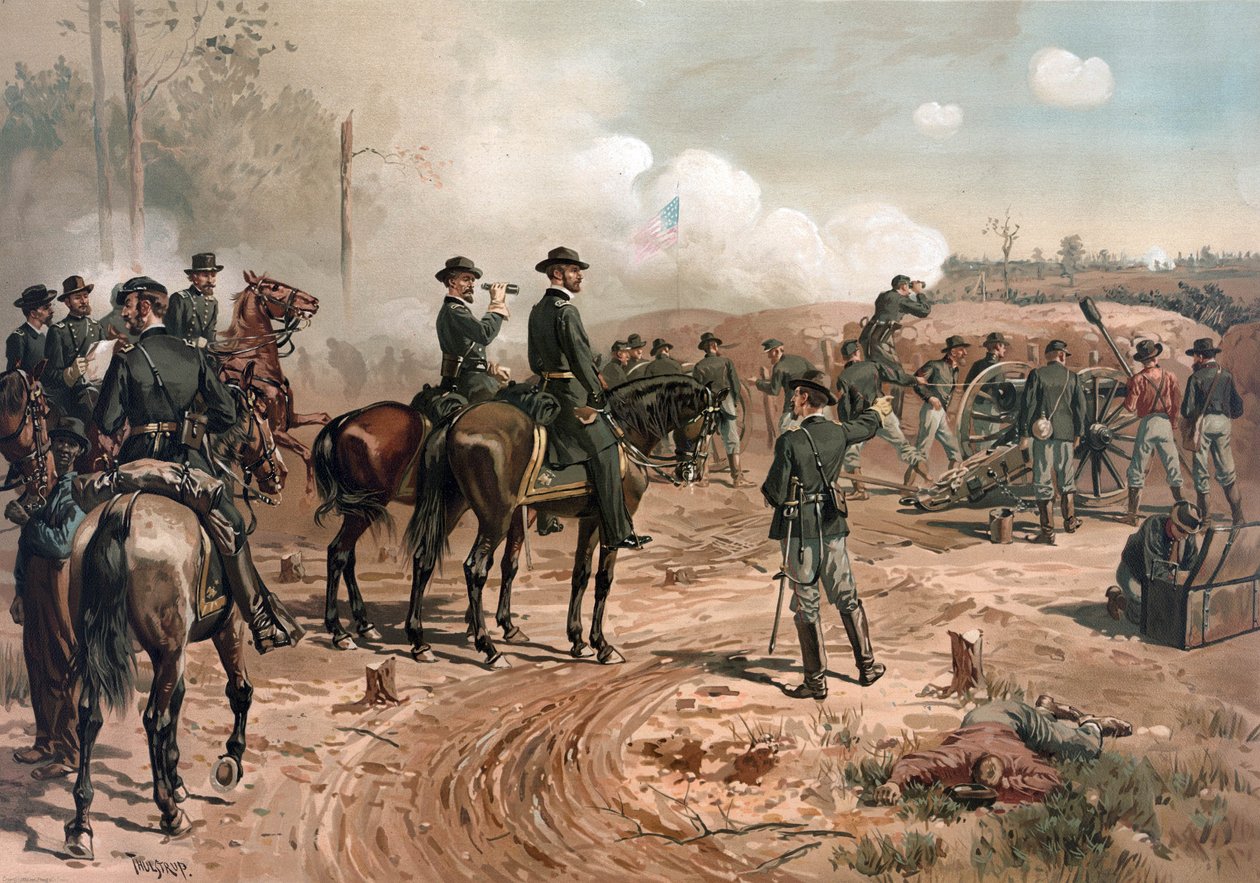 Amerikaanse Burgeroorlog: Generaal Sherman tijdens het beleg van Atlanta in 1864 (litho) door Thure de Thulstrup