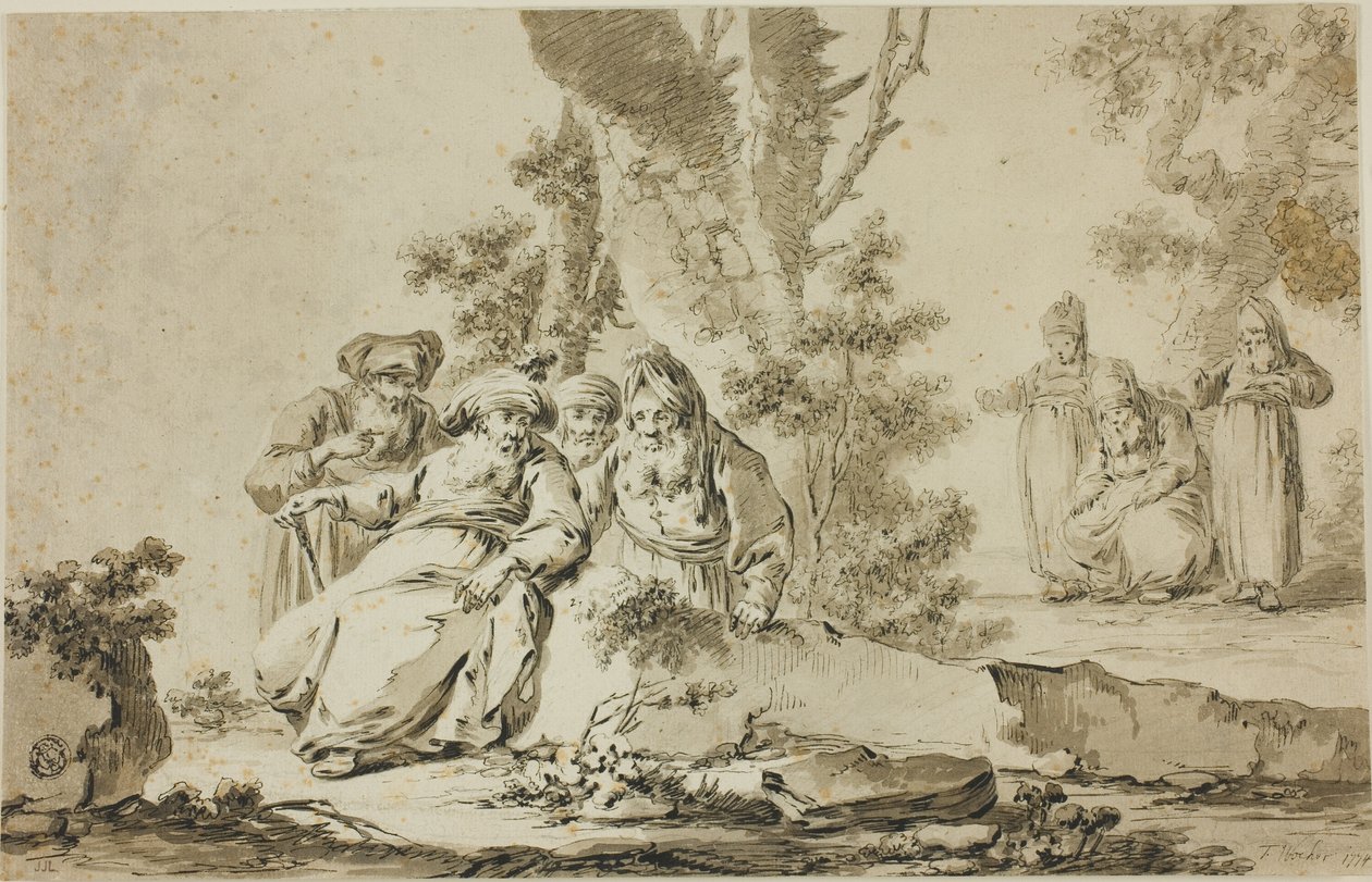 Figuren in oosterse kleding in een landschap door Tiberius Dominikus Wocher