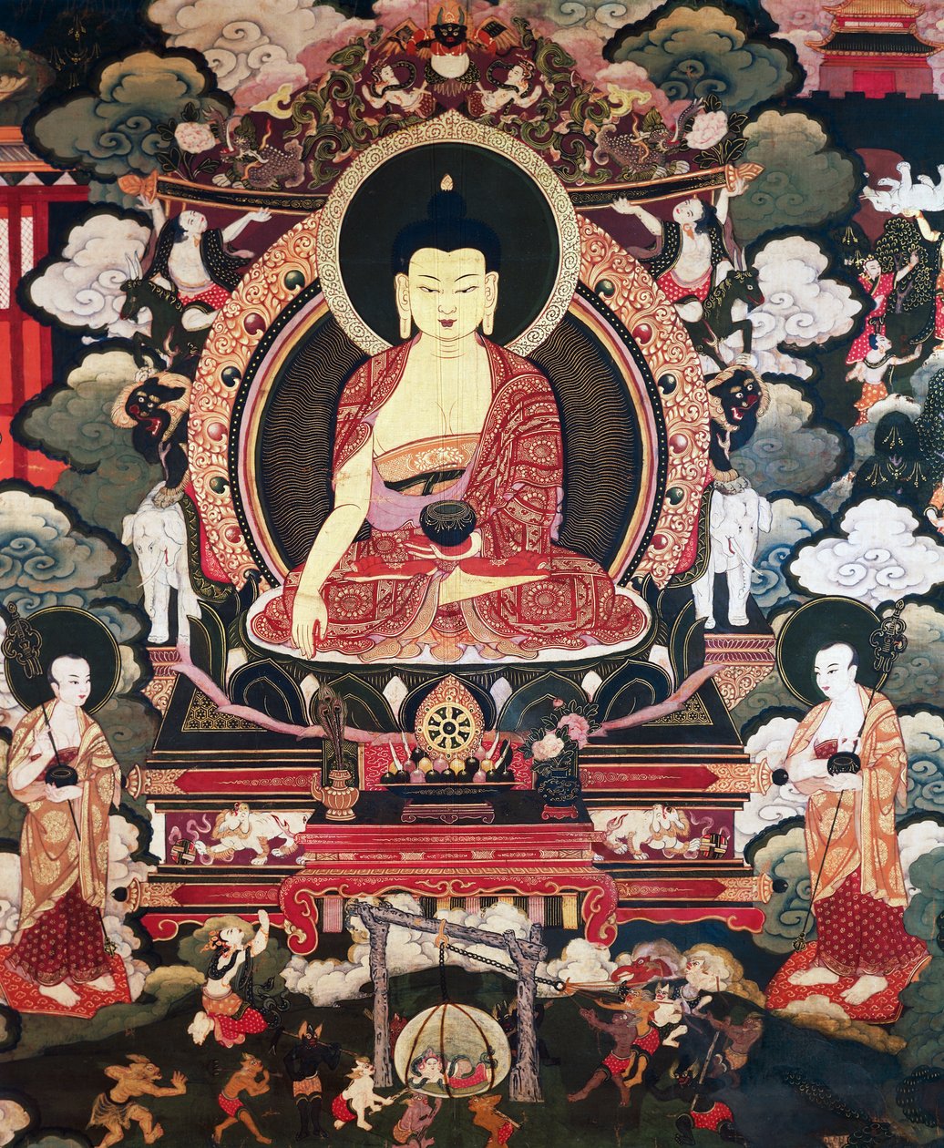 Boeddha zittend tussen zijn twee grote discipelen Cariputra en Maudgalyayana, scènes uit het leven van Boeddha Sakyamuni, Tibetaanse beschaving door Tibetan School