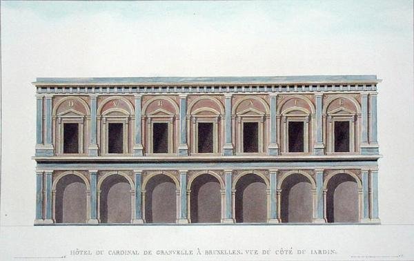 Residentie van kardinaal de Granvelle (1517-86), Brussel, uitzicht vanuit de tuin, uit Choix des Monuments, Edifices et Maisons les plus remarquables du Royaume des Pays-Bas door Pierre Jacques Goetghebuer, gepubliceerd 1827 door Tilman Francois (after) Suys