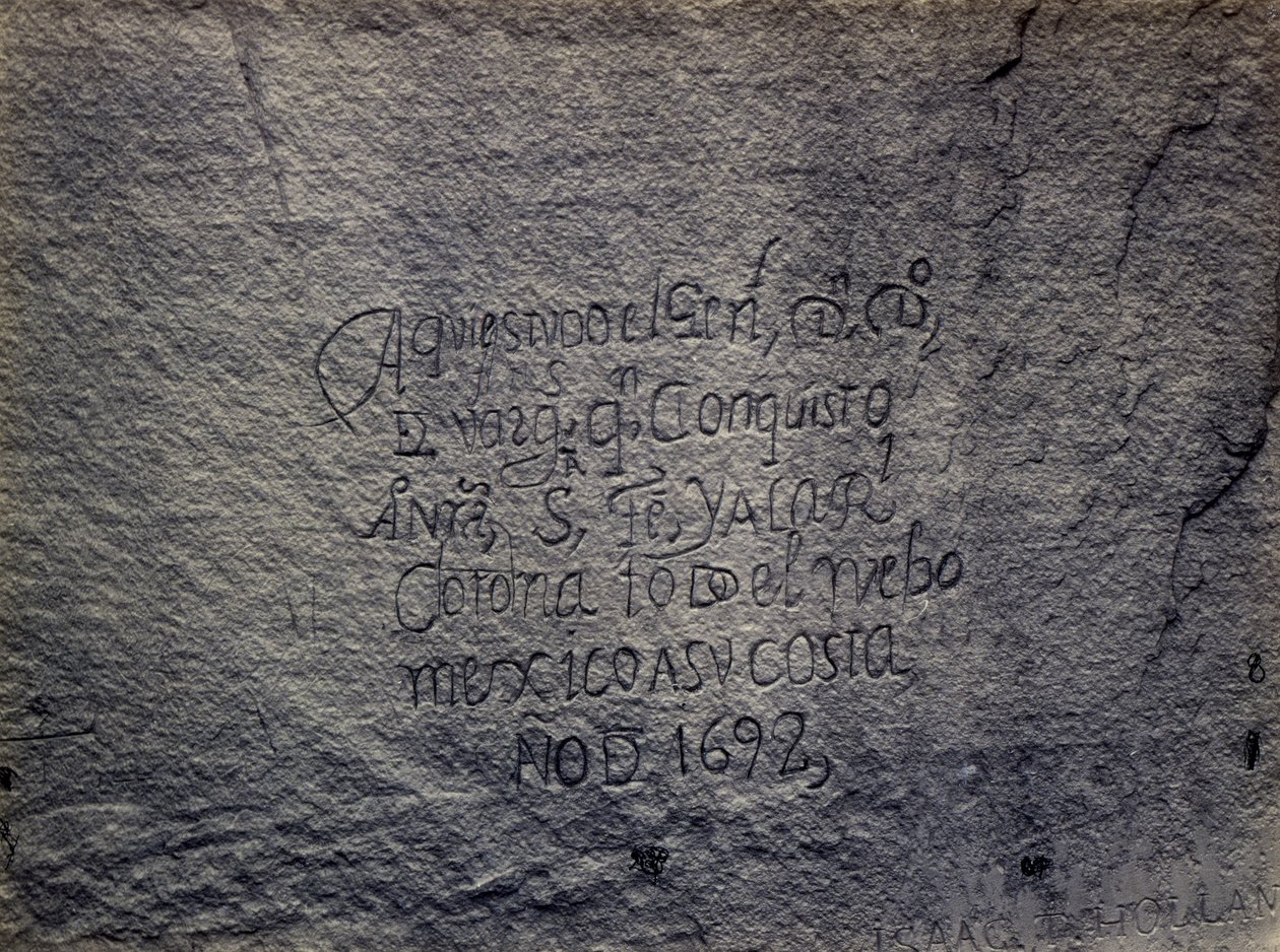 Historisch Spaans verslag van de verovering, zuidkant van Inscription Rock, New Mexico door Timothy H. O