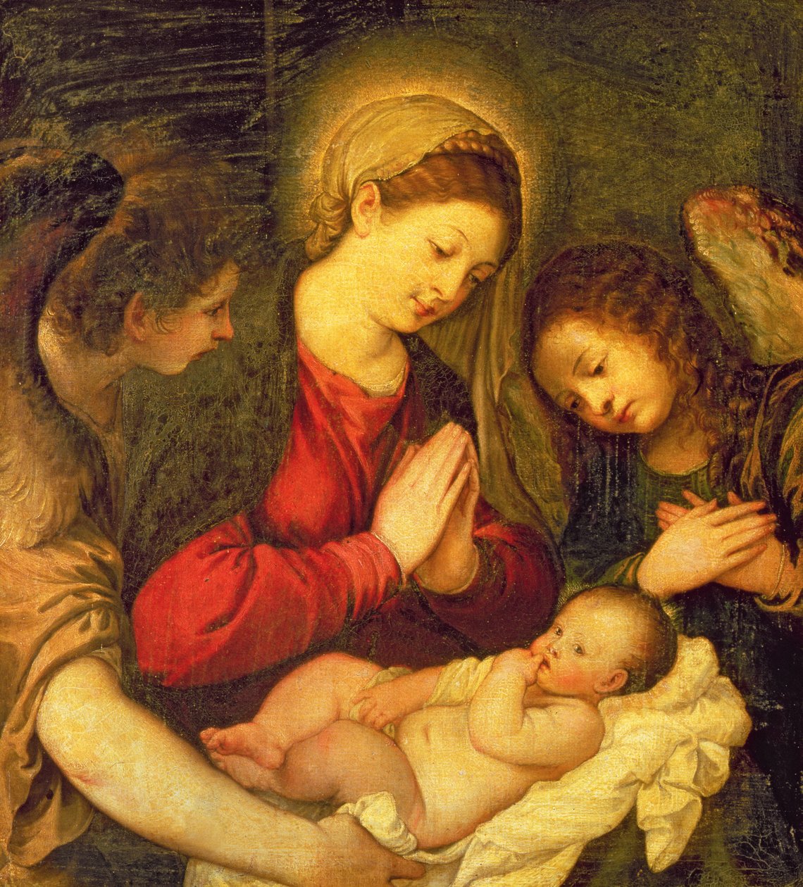 Madonna en Kind met Twee Engelen door Tiziano Vecelli