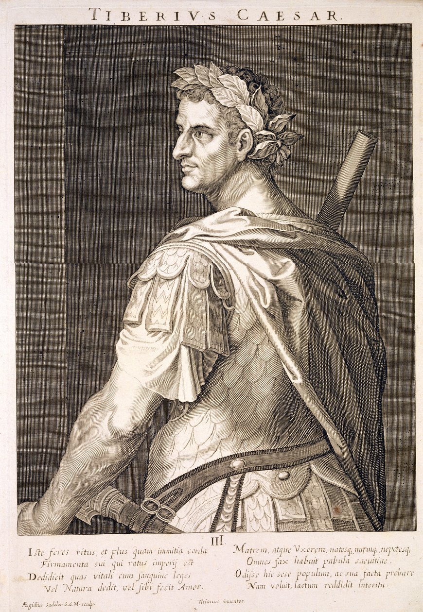 Tiberius Caesar (10 v.Chr. - 54 n.Chr.) Keizer van Rome 14-37 n.Chr. gegraveerd door Aegidius Sadeler (1570-1629) door Tiziano Vecelli
