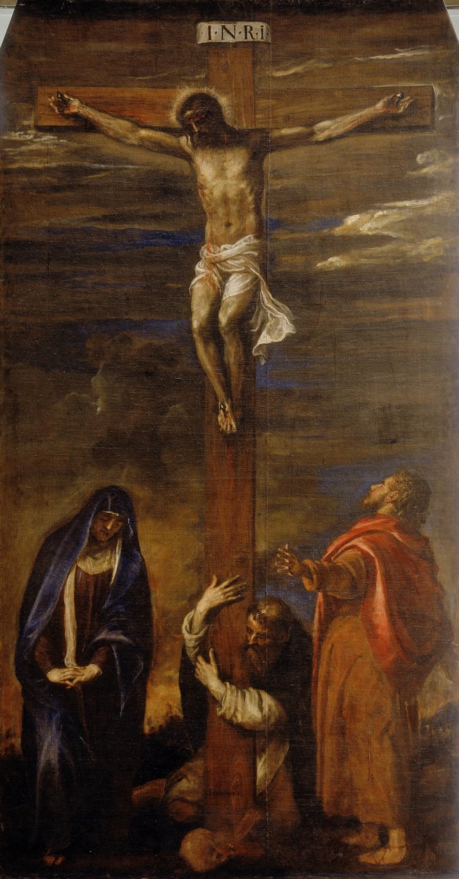 Christus aan het kruis met de Maagd, Sint Jan en Sint Dominicus door Tiziano Vecelli