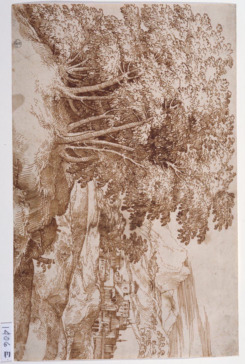 Landschap met bomen links en een stad op de achtergrond door Titian (c.1488 1576)