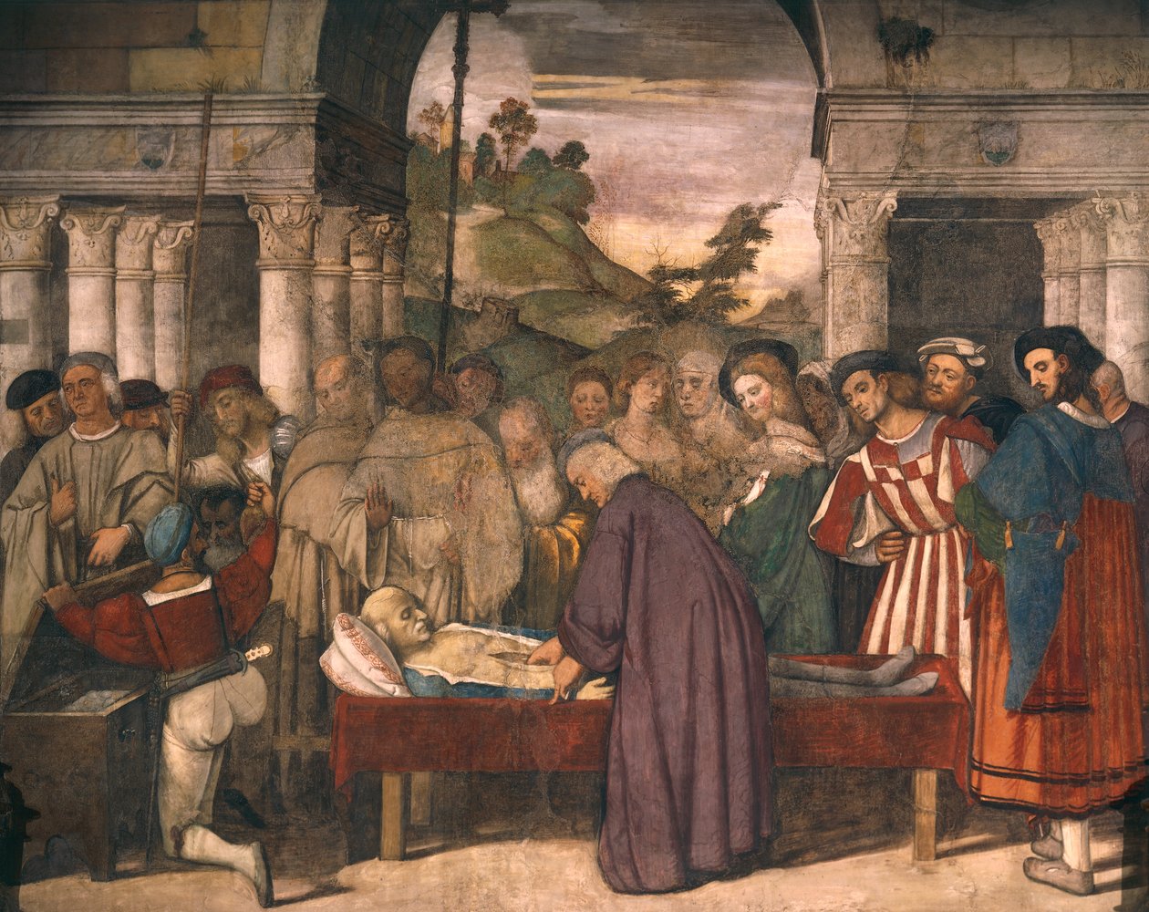 Wonder van het hart van de vrek, detail van Scènes uit het leven van Sint Antonius van Padua, fresco, School van Sint of Scoletta, Padua door Titian (c.1488 1576)