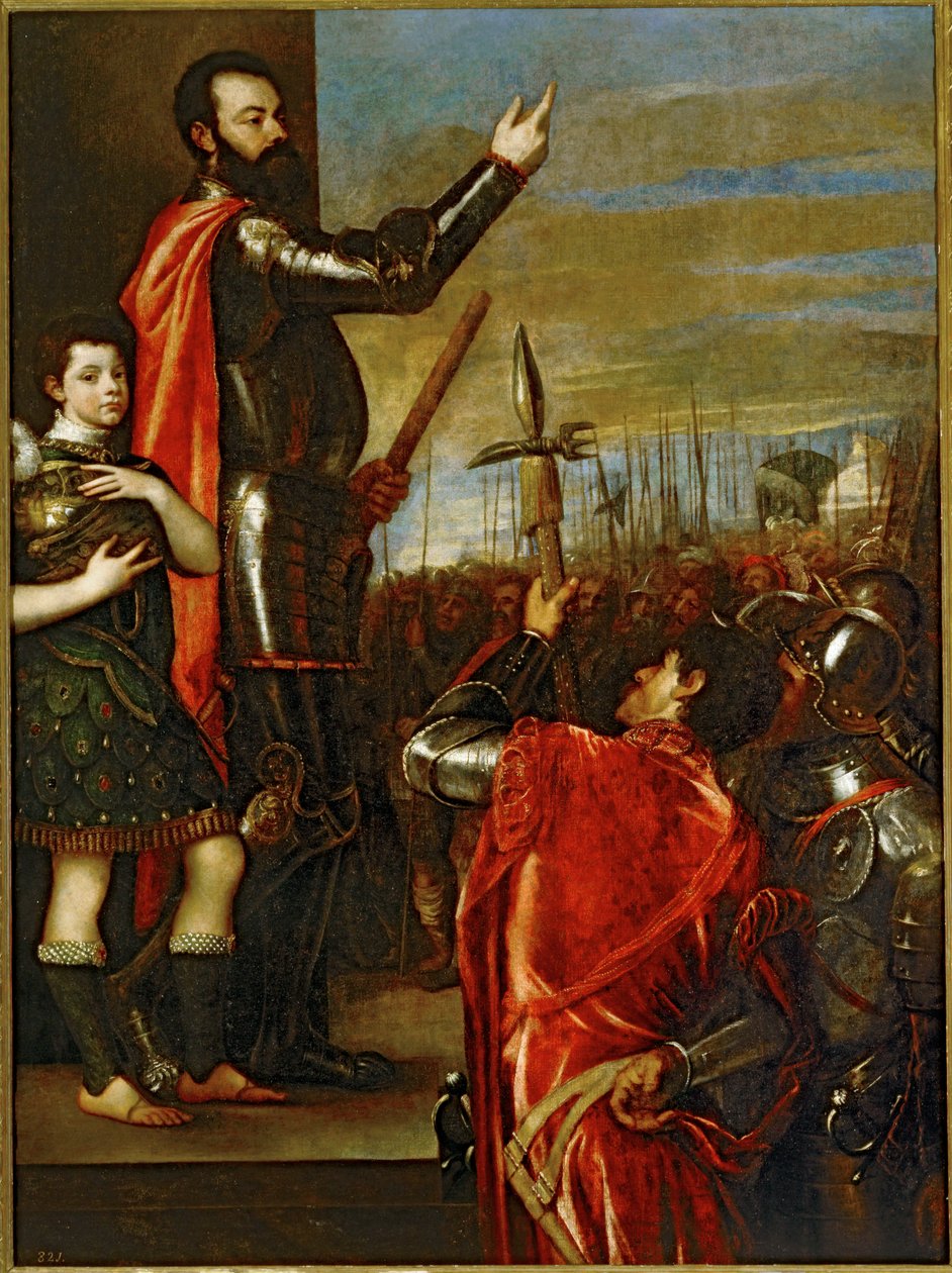 De markies van Vasto spreekt zijn soldaten toe ... (schilderij op doek) door Titian (c.1488 1576)