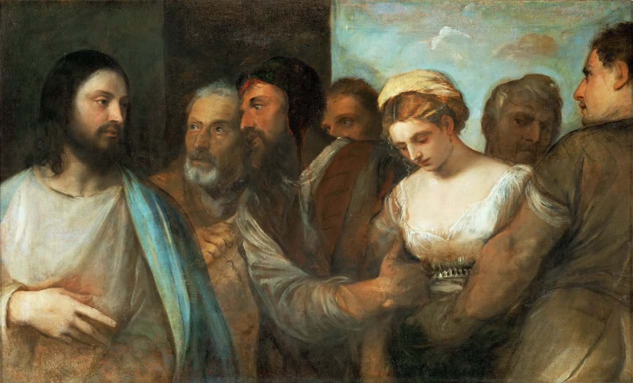 Christus en de overspelige vrouw door Tiziano Vecelli