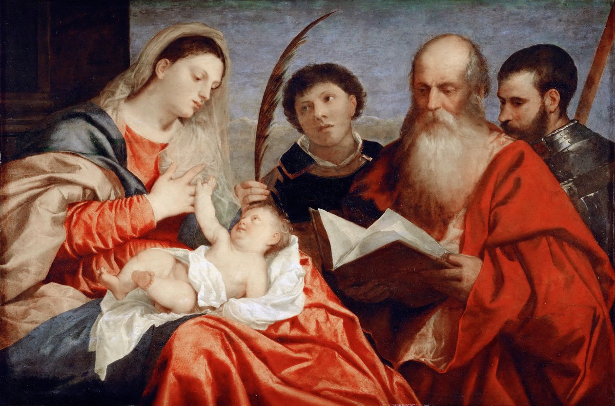 De Maagd en Kind met Heiligen Stefanus, Hiëronymus en Mauritius door Titian (c.1488 1576)