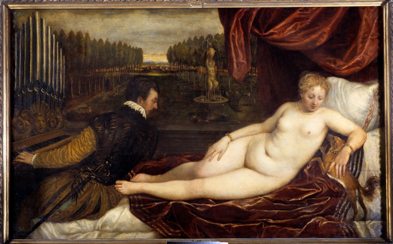 Het concert. Een naakte vrouw ligt naast een man die het orgel bespeelt. Schilderij door Tiziano Vecellio, genaamd de Titiaan (1485-1576) door Tiziano Vecelli