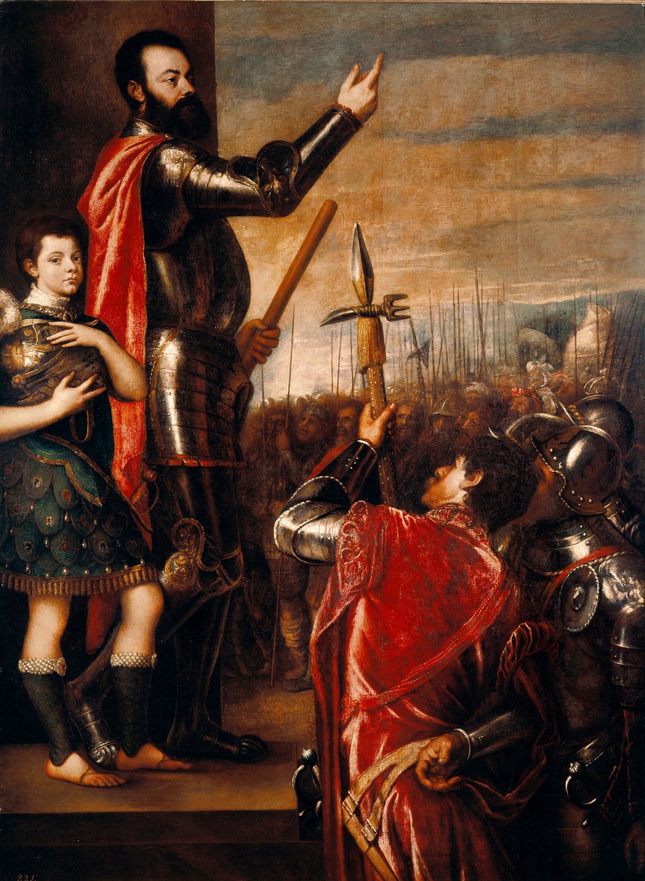 De toespraak van Alfonso de Avalos (1502-1546), condottiero (condottiere) Italiaans. Schilderij door Tiziano Vecellio, bekend als Titiaan (1490 circa-1576) 1540-1541. Dim. 223x165 cm. Madrid, Prado Museum door Tiziano Vecelli