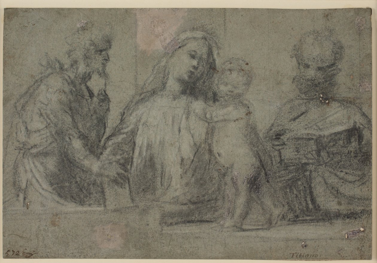 Halflengte Figuren van een Madonna en Kind Geflankeerd door St. Johannes de Doper en Petrus door Tizian