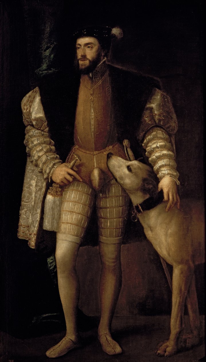 Karel V, Heilige Roomse Keizer en Koning van Spanje met zijn Hond, 1533 door Tiziano Vecelli