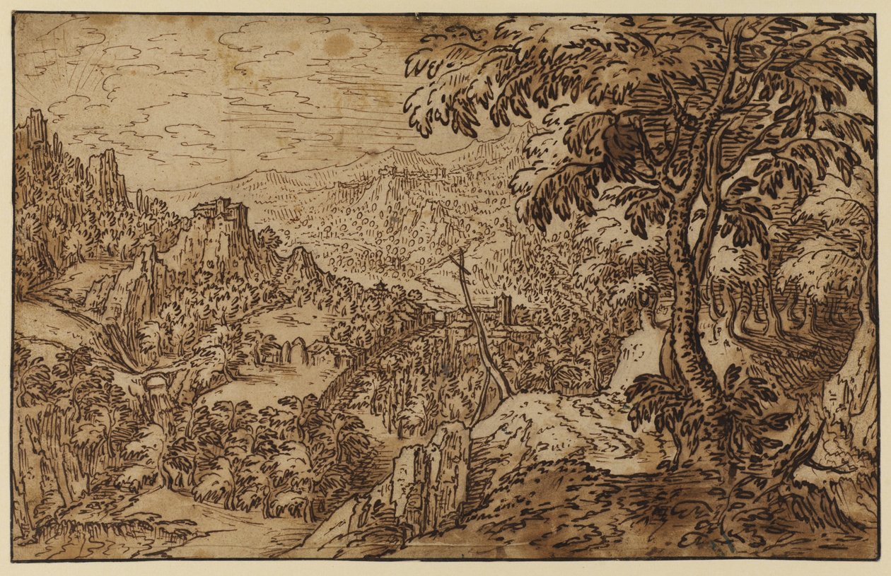 Bergachtig landschap met een kruis door Tobias follower of Verhaecht