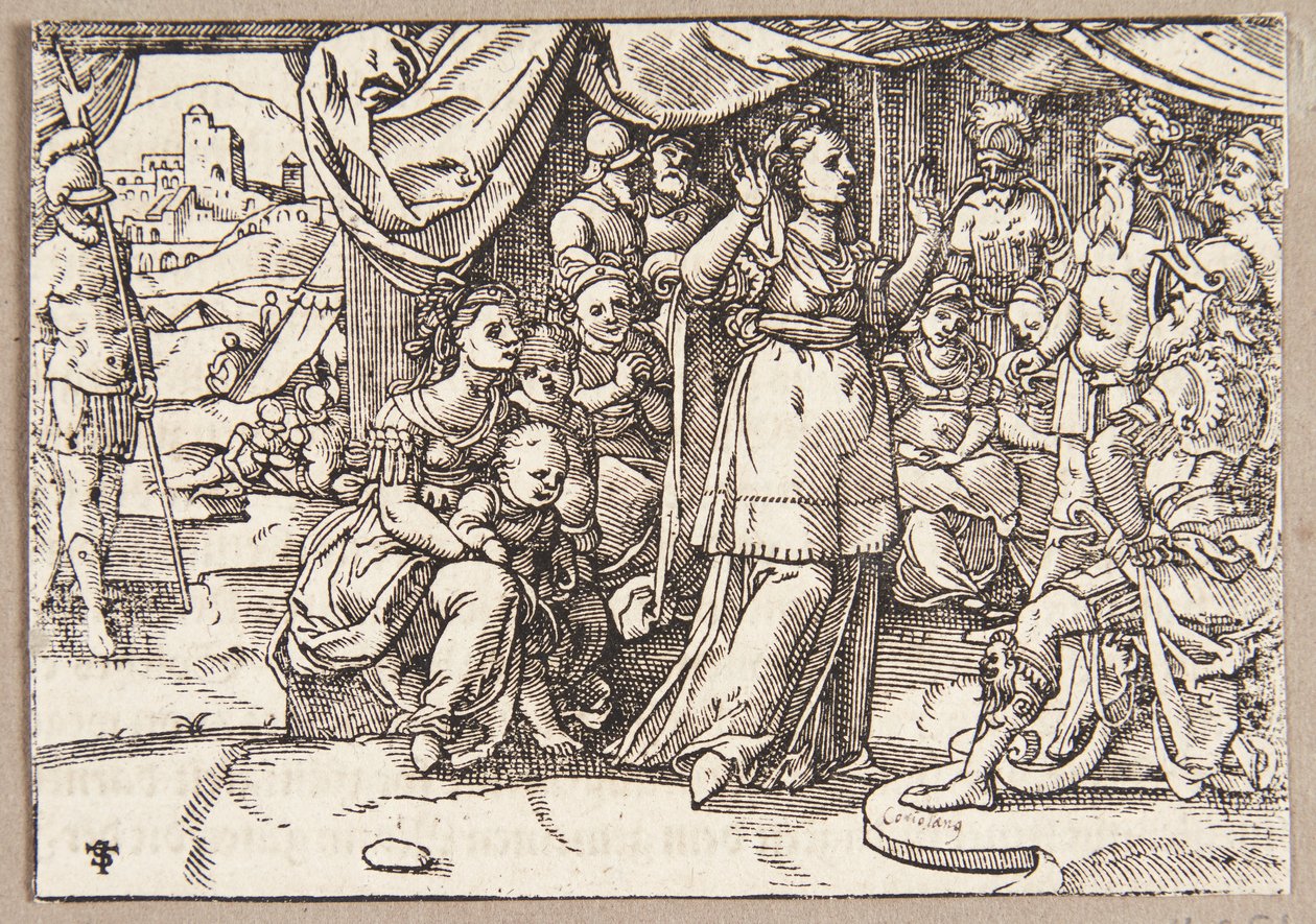 Veturia en Volumnia smeken Coriolanus om Rome te sparen door Tobias Stimmer