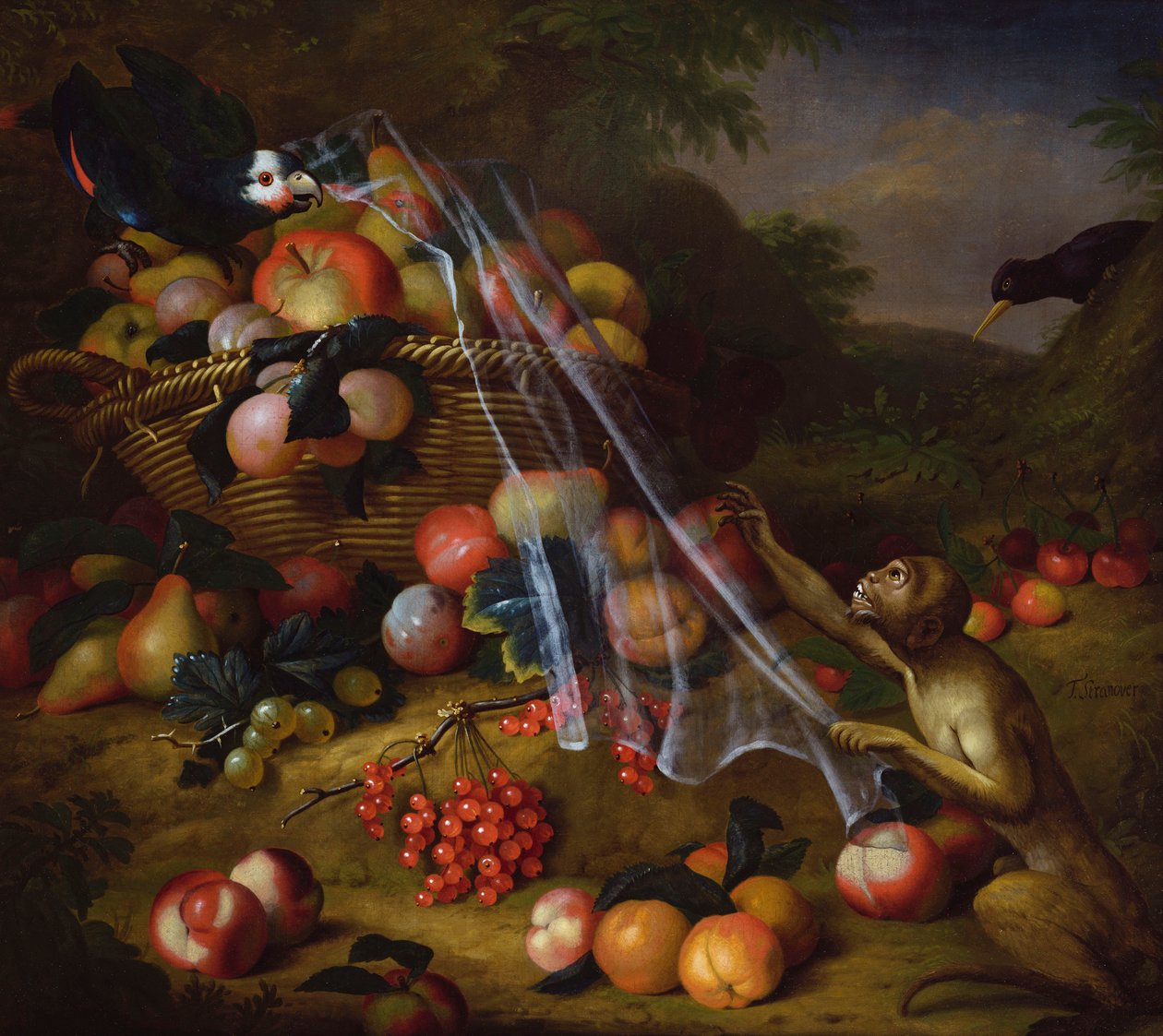 Gemengd fruit met een aap, een papegaai, een gaai en twee vinken in een landschap door Tobias Stranover