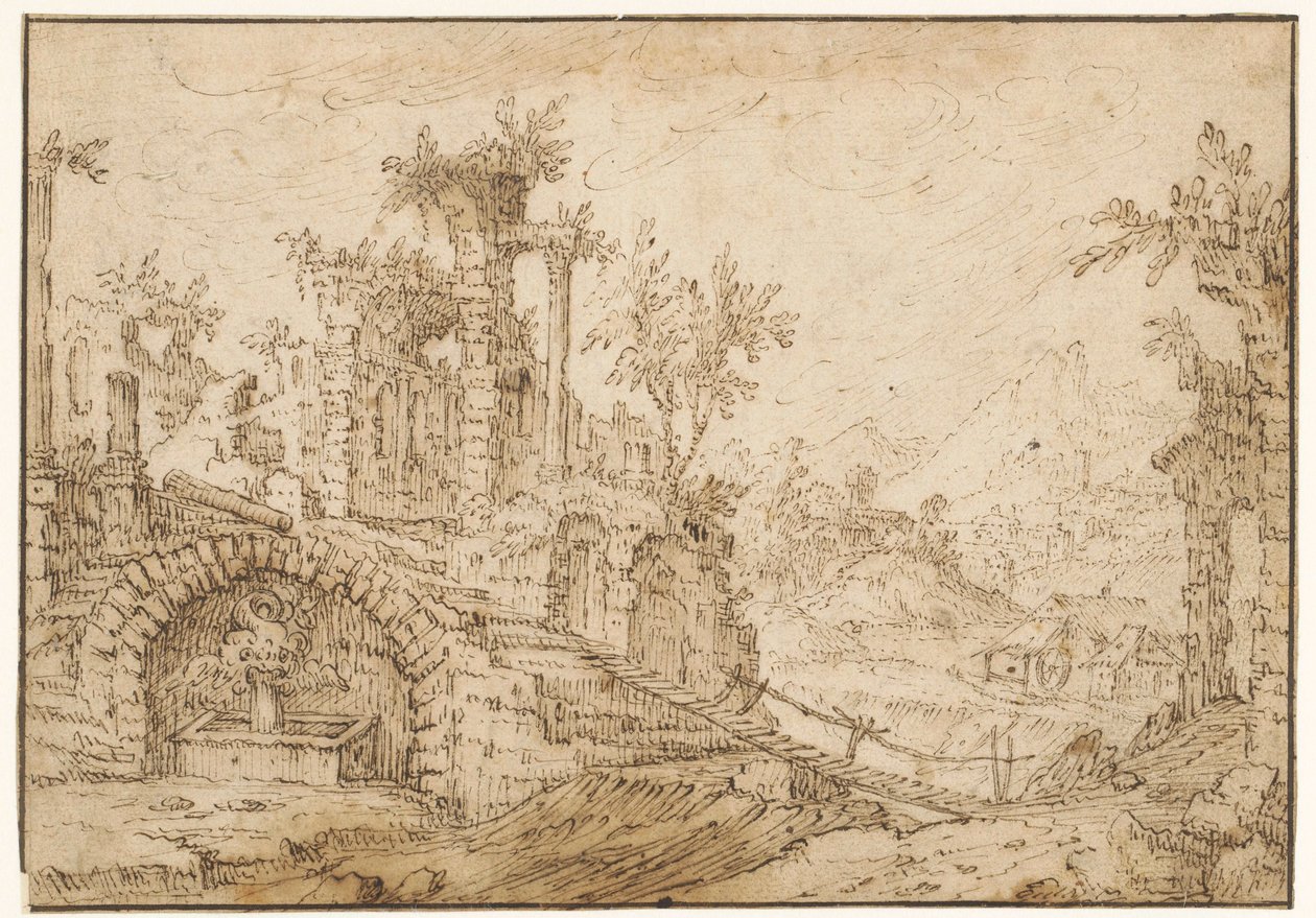 Landschap met antieke ruïnes door Tobias Verhaecht