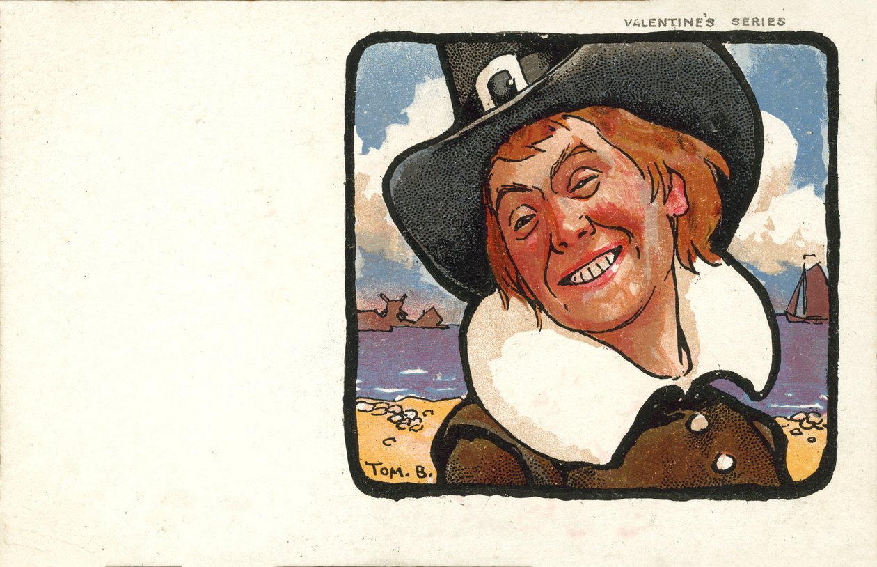 Smling man in Nederlands kostuum (kleurenlitho) door Tom Browne