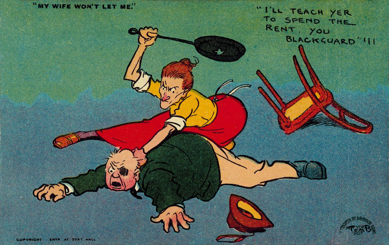 Vrouw slaat haar man voor het uitgeven van de huur (kleurenlitho) door Tom Browne