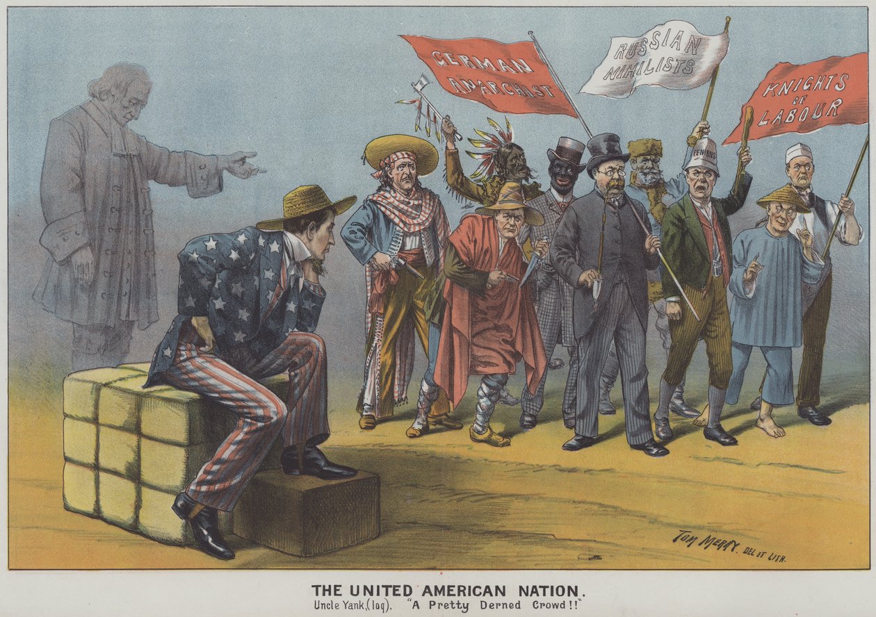 The United American Nation, satire op de diversiteit van immigranten in de 19e-eeuwse Amerikaanse samenleving (kleurenlitho) door Tom Merry