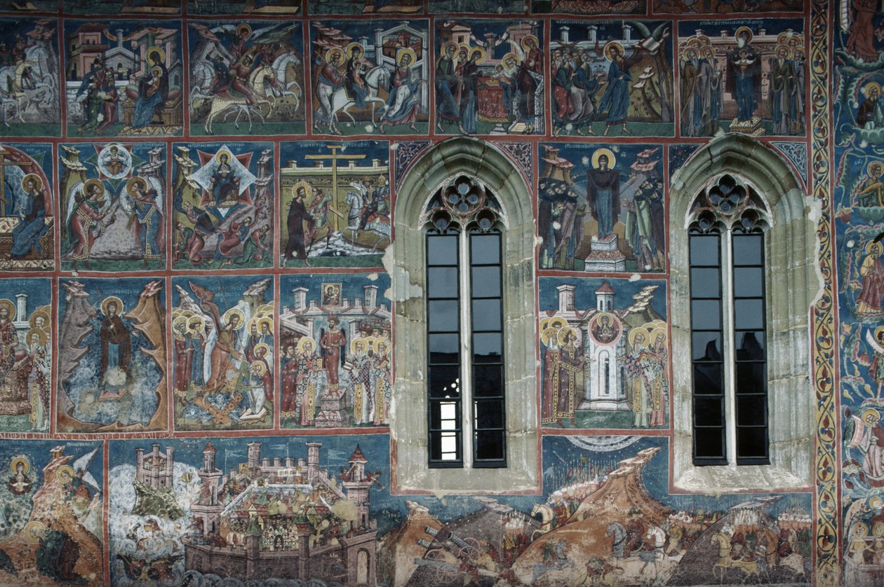 Beelden van heiligen, fresco op buitenmuren van het klooster van Moldovita door Toma de la Suceava