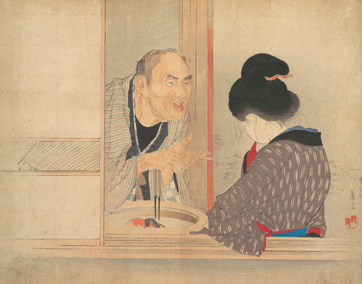 Een Scheldende Ochiyo, illustratie uit Bugei Kurabu Literair Club door Tomioka Eisen