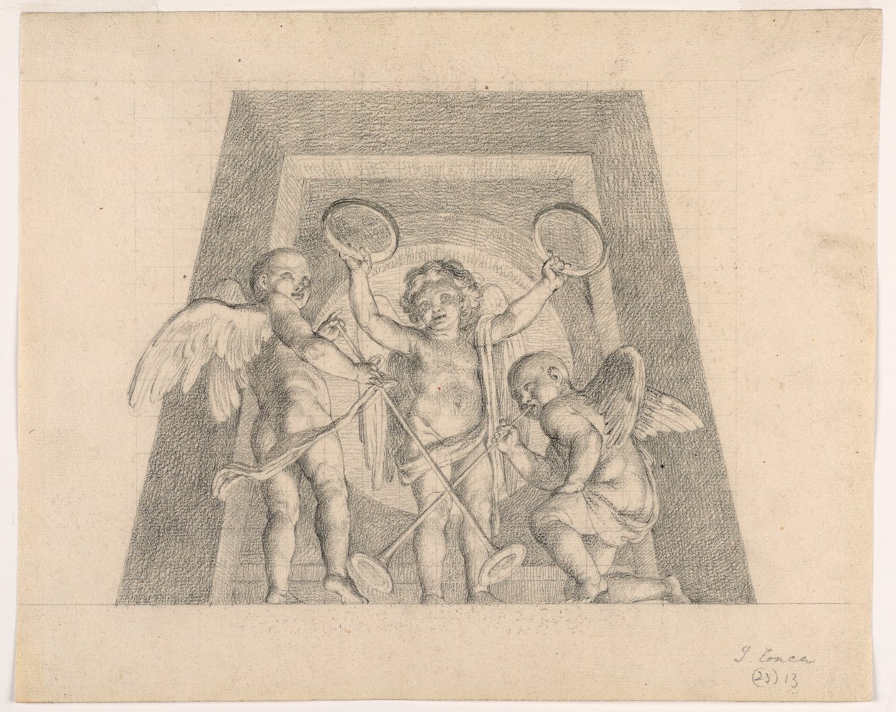 Drie Putti met Tamboerijnen en Trompetten, Ontwerp voor Lunet van de Sala delle Muse, Museo Pio-Clementino, Vaticaan door Tommaso Maria Conca