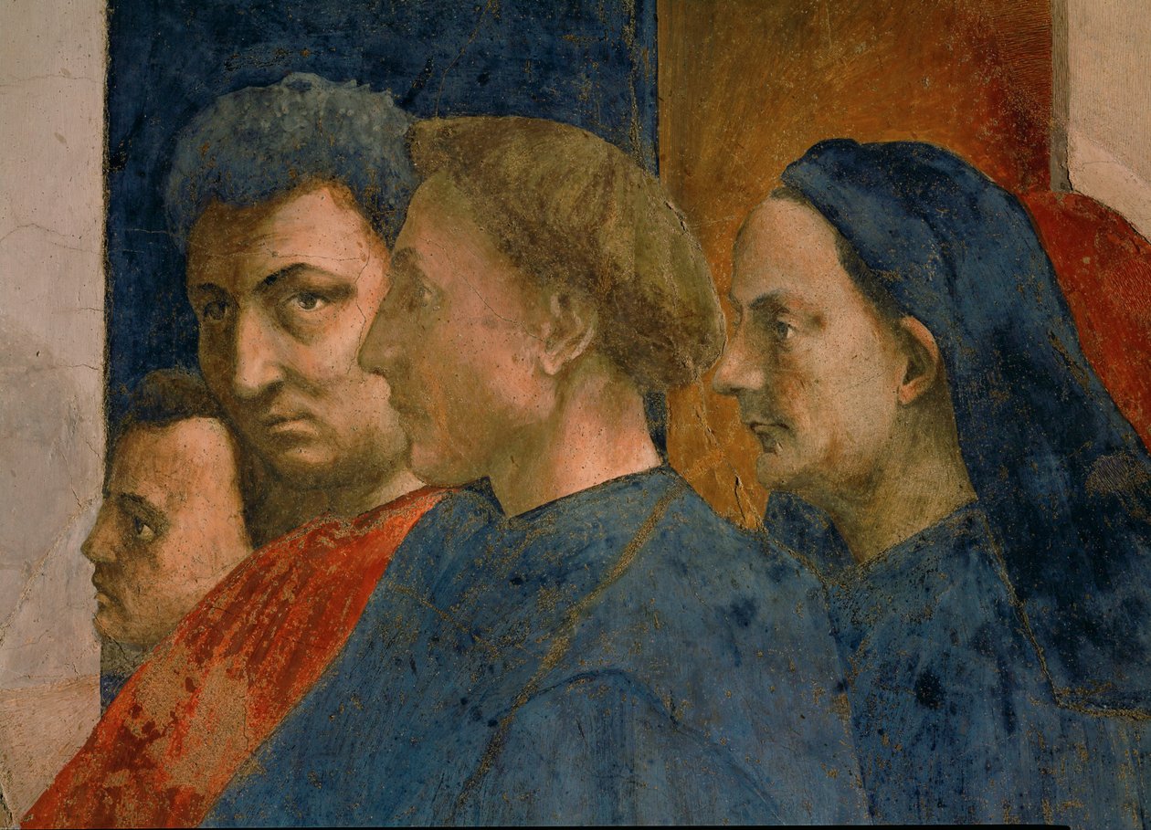 Toekijkers bij de wonderbaarlijke wederopstanding van de zoon van prefect Teophil zijn ... (fresco) door Tommaso Masaccio