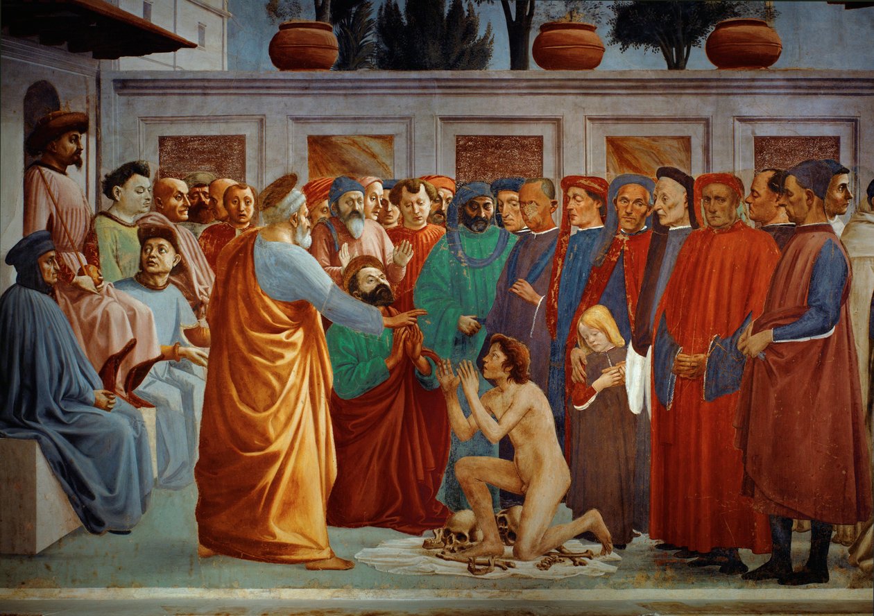 Sint Petrus wekt de zoon van Teophil, prefect van Antiochia, zijn gevangene, tot leven (fresco) door Tommaso Masaccio