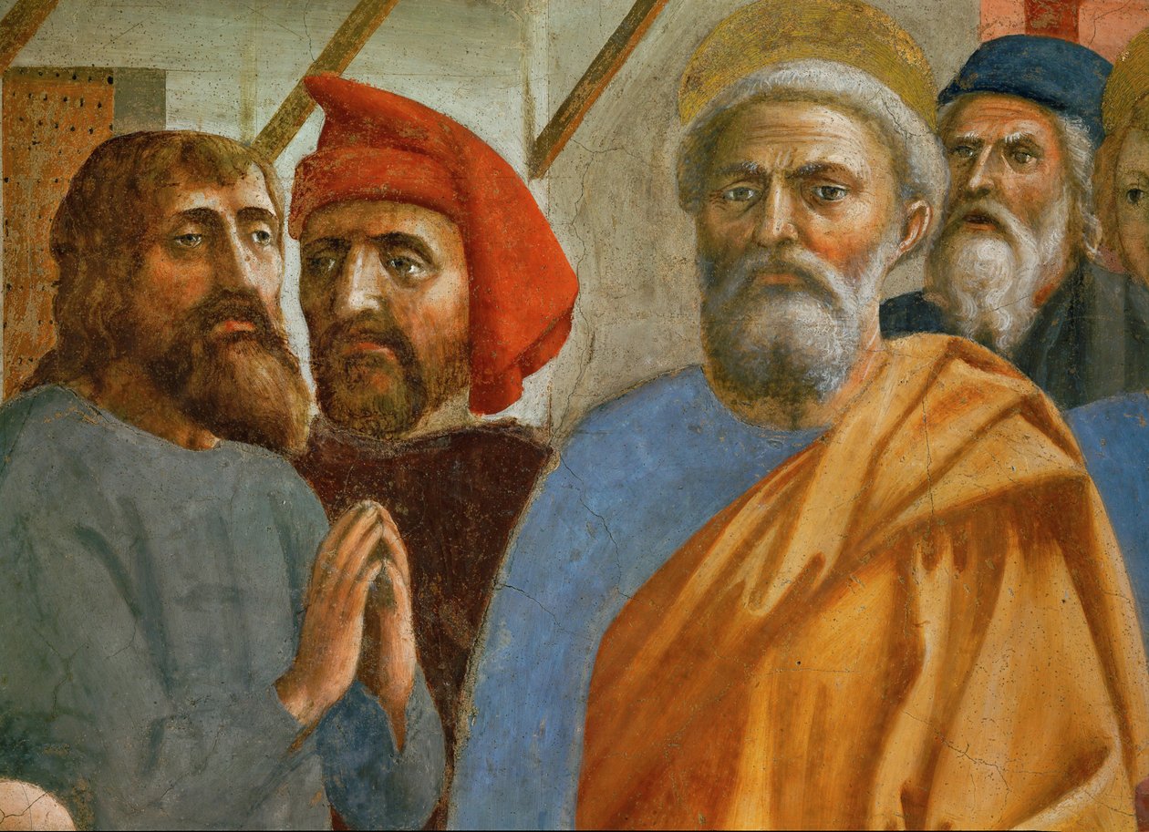 De schaduw van Sint Pieter valt op de zieken ... (muurschildering) door Tommaso Masaccio