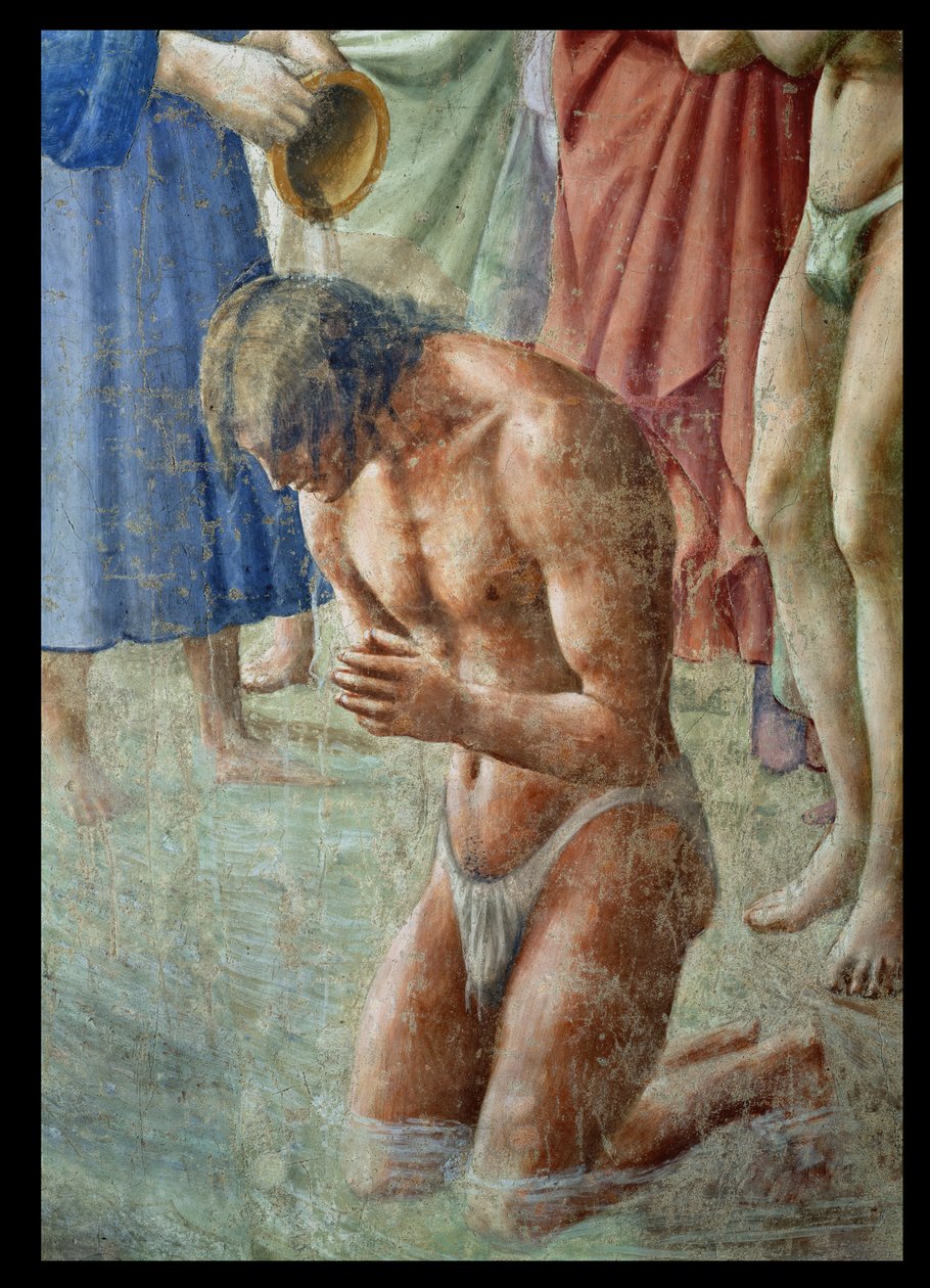 St. Peter doopt de neofyten, detail van de neofiet door Tommaso Masaccio