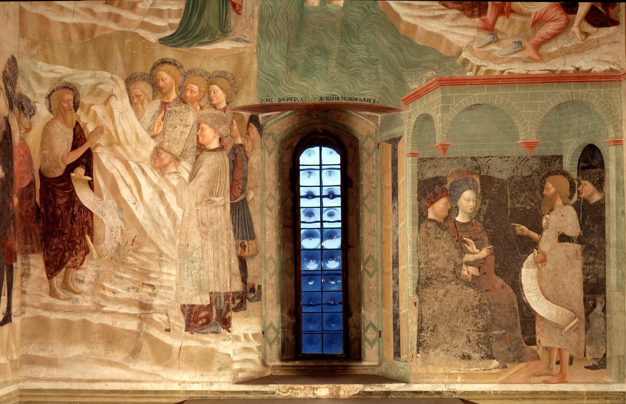 Episode uit het leven van Johannes de Doper: de prediking van Johannes de Doper in de woestijn en Johannes de Doper tegenover Herodes door Tommaso Masolino da Panicale