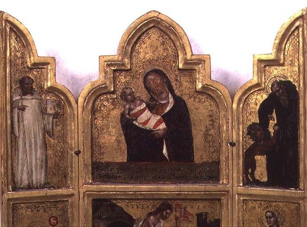 Madonna en Kind met St. Benedictus en St. Hiëronymus, bovenste helft van drieluik door Tommaso da Modena Barisino or Rabisino
