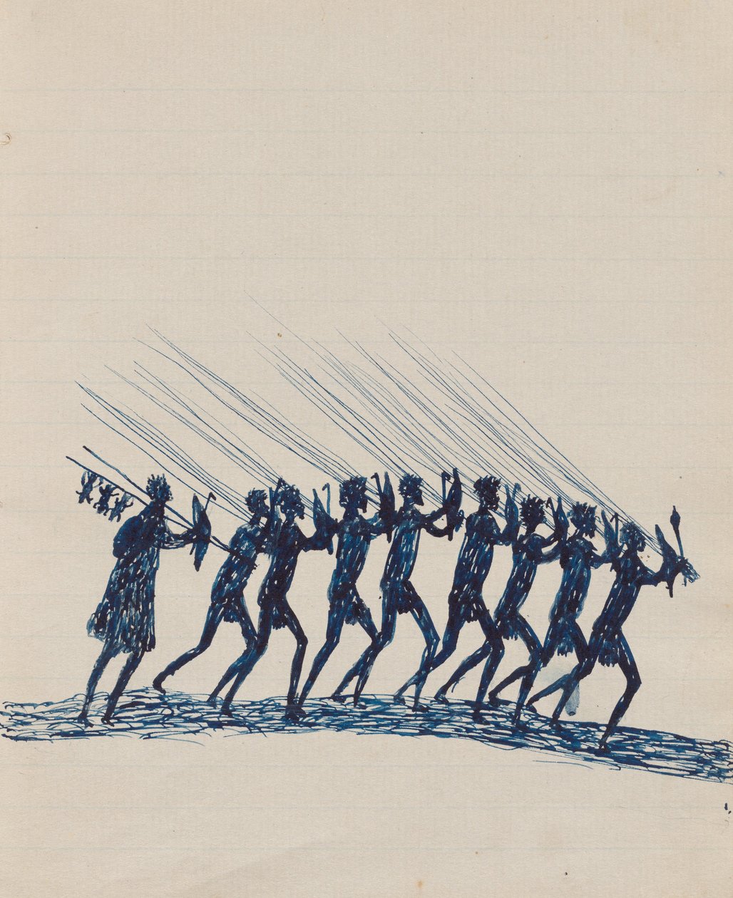 Kwatkwat-mensen - Aboriginals keren terug van de jacht (schetsboek van activiteiten van Aboriginals en blanken) door Tommy McRae