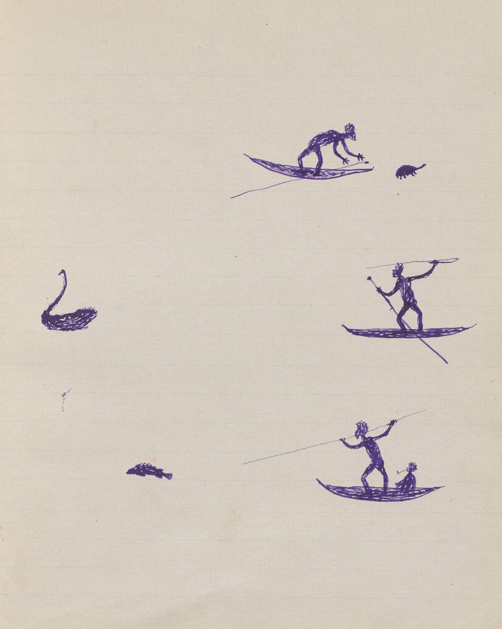 Kwatkwat-mensen - Aboriginals spiesen schildpad, zwaan en vis (schetsboek van activiteiten van Aboriginals en blanken) door Tommy McRae