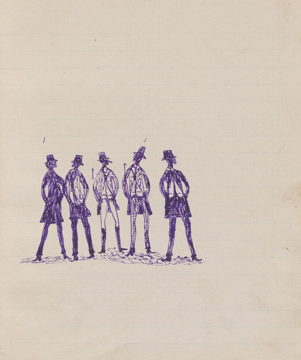 Kwatkwat-mensen - Figuren met jassen (schetsboek van activiteiten van Aboriginals en blanken) door Tommy McRae