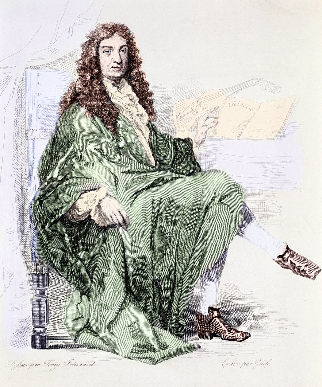 Portret van Giovanni Battista Lulli of Jean-Baptiste Lully (1632-1687) componist aan het hof van koning Lodewijk XIV - Gravure (Portret van componist Jean Baptiste Lully) Privécollectie door Tony (after) Johannot