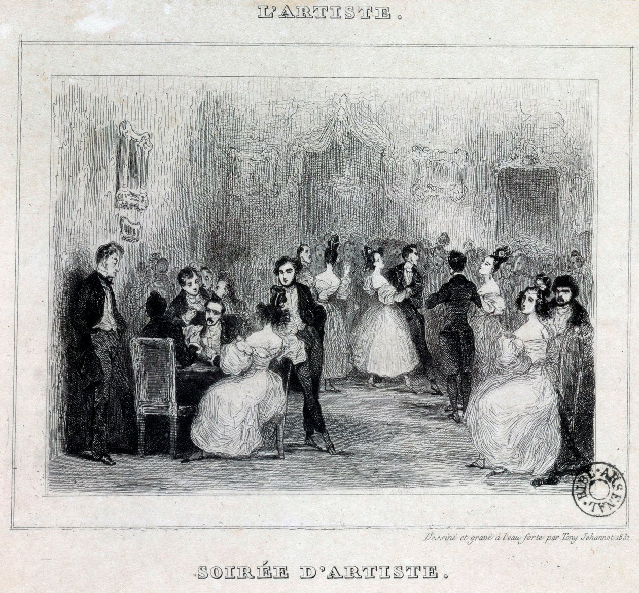 Een avond van een kunstenaar: bal en kaartspellen tijdens een burgerlijke avond Tekening door Antoine Johannot (Tony Johannot) (1803-1852) 1831 Parijs, Bibliotheek van het Arsenaal door Tony Johannot