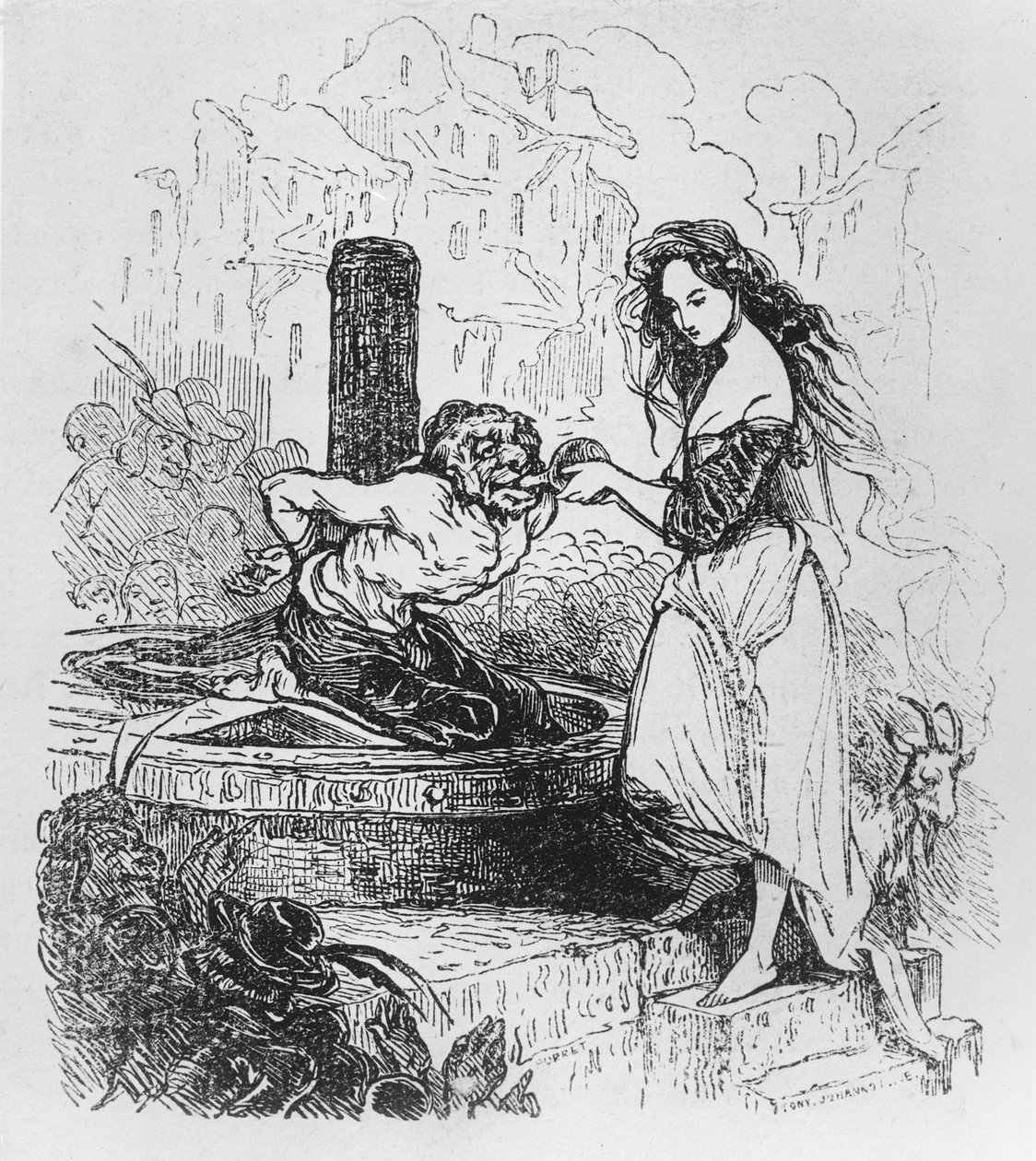 Esmeralda geeft Quasimodo een drankje, illustratie uit 