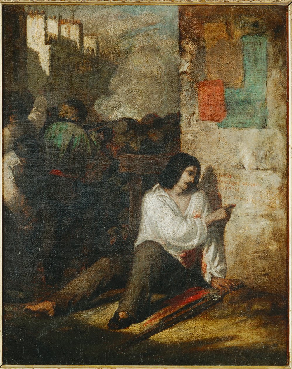 De barricade van 1848, ook wel De gewonde revolutionair ... (schilderij op doek) door Tony Johannot