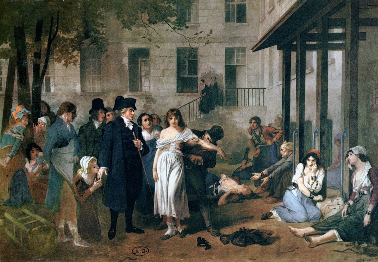 Philippe Pinel (1745-1826) bevrijdt krankzinnigen van hun kettingen in het Salpetriere-asiel in Parijs in 1795 door Tony Robert Fleury