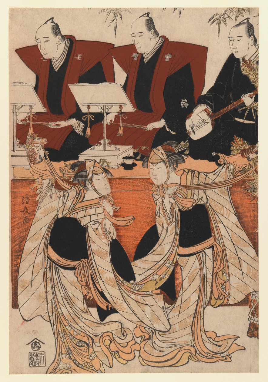 Twee acteurs als Iwai Hanshiro IV en Segawa Kikunojo III in de Karukoma-dans, begeleid door Joruri-voordracht, ca. 1783 door Torii Kiyonaga