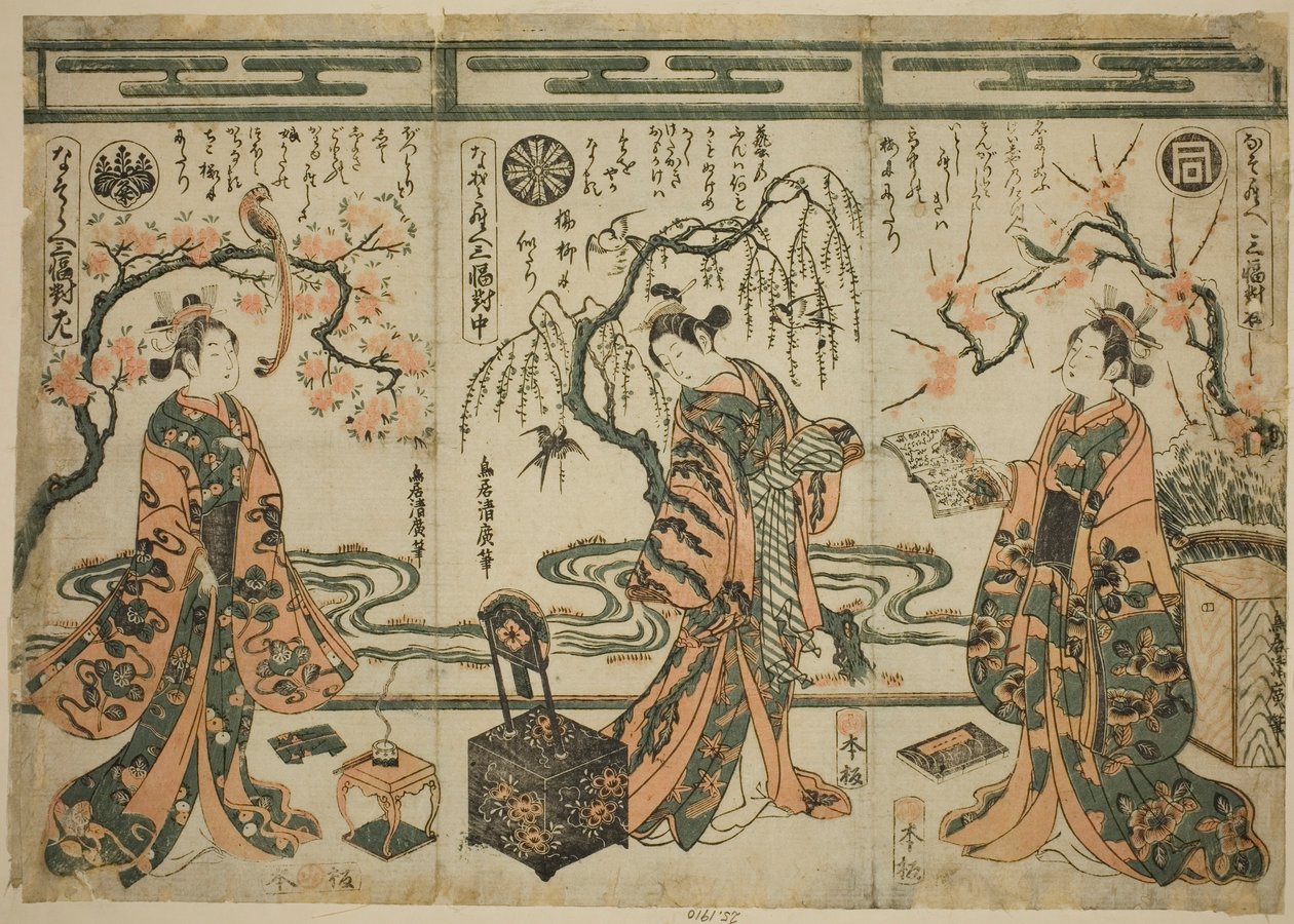 De Acteurs Sanogawa Ichimatsu (rechts), Nakamura Tomijuro (midden), en Nakamura Kumetaro (links), uit Een Vergelijking - Set van Drie door Torii Kiyohiro