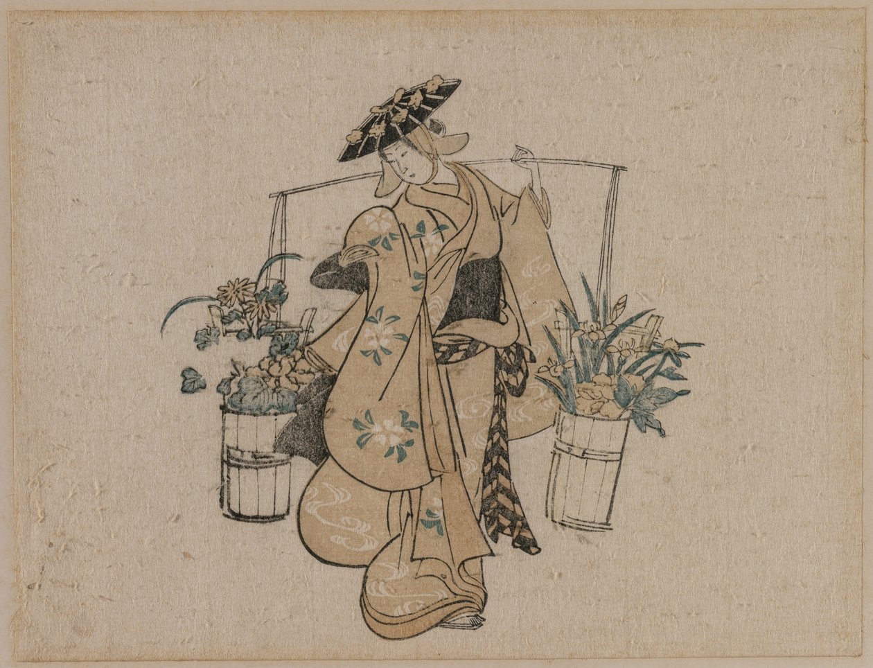Een schoonheid die twee emmers bloemen draagt, ca. 1696-1716 door Torii Kiyomasu