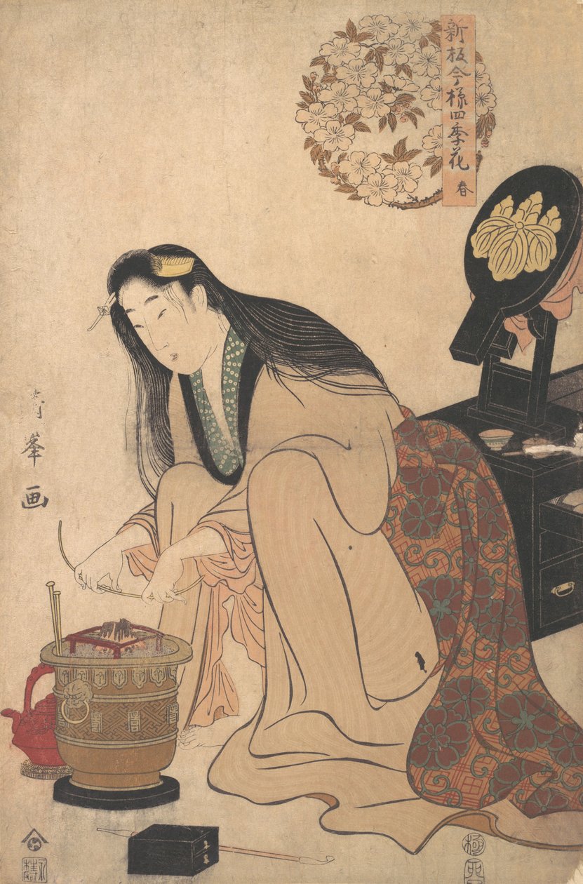 Dame die Binsashi-steun voor het haar over de slapen aanbrengt om in haar haar te doen, ca. 1808 door Torii Kiyomine