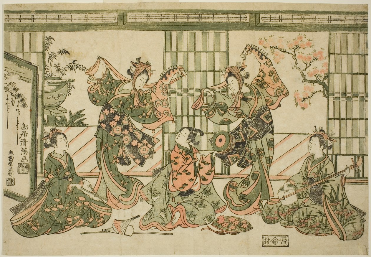 Entertainers die de stokpaarddans uitvoeren door Torii Kiyomitsu I